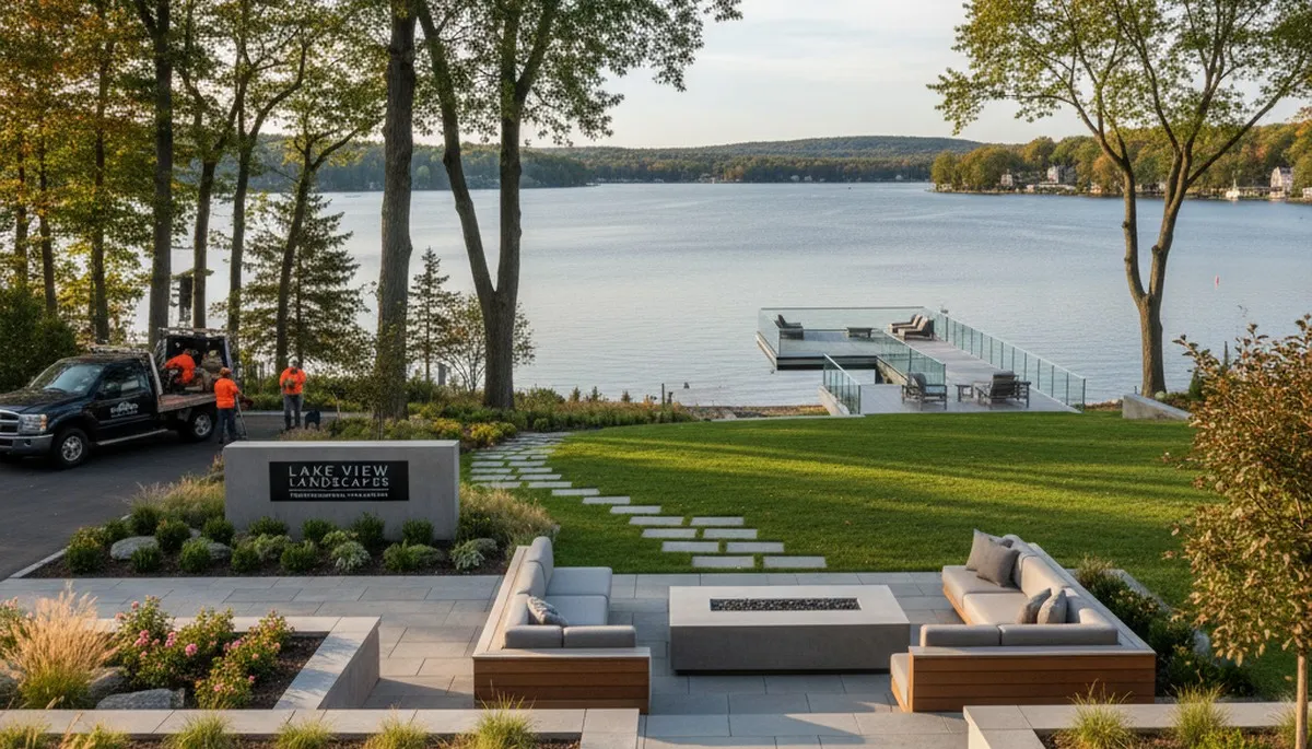 Landscaping crew servicing a Buffalo, NY property with professional outdoor maintenance tools