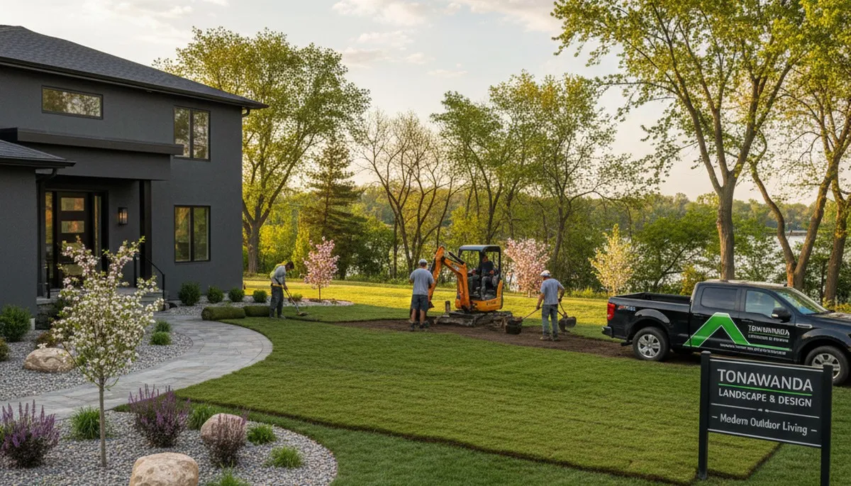 Buffalo, NY landscaping crew maintaining a residential yard with professional lawn care services