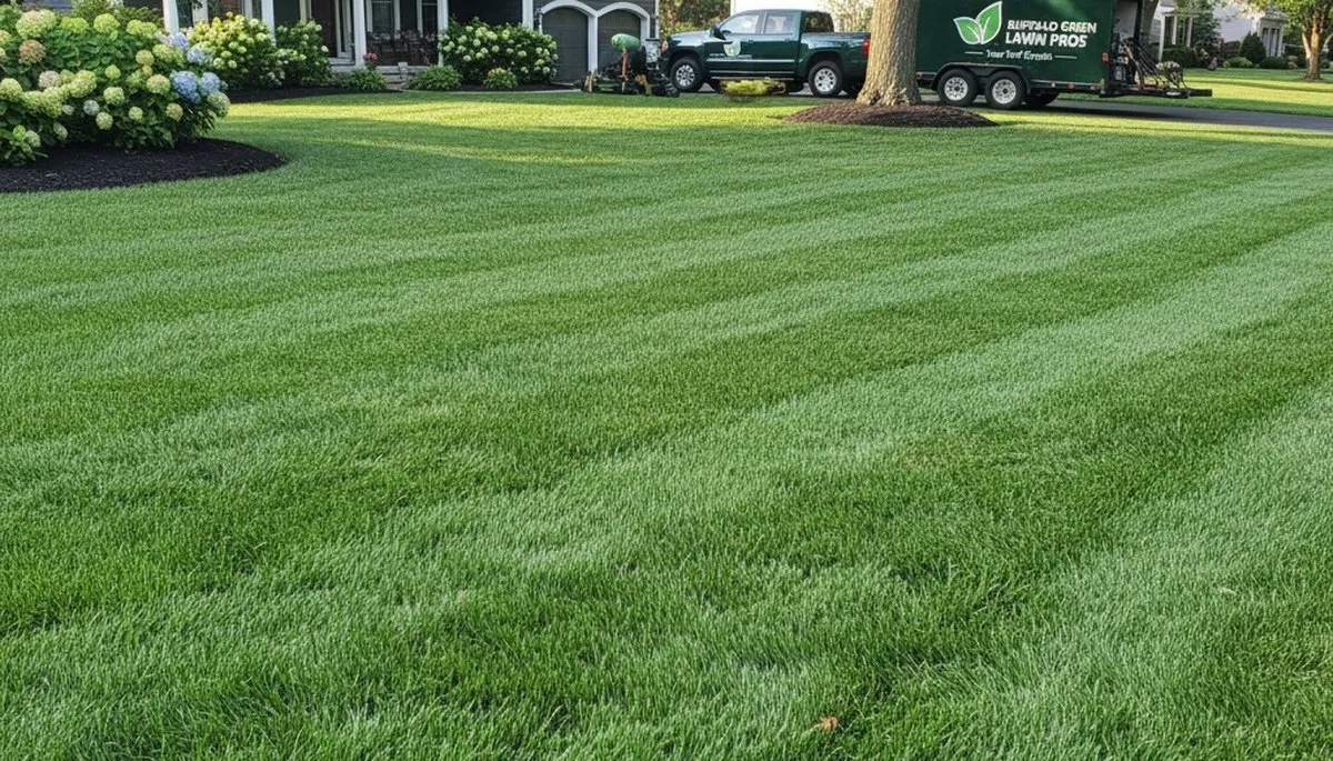 Lush green residential lawn showing professional lawn care results by Chop Chop Landscaping in Buffalo, NY