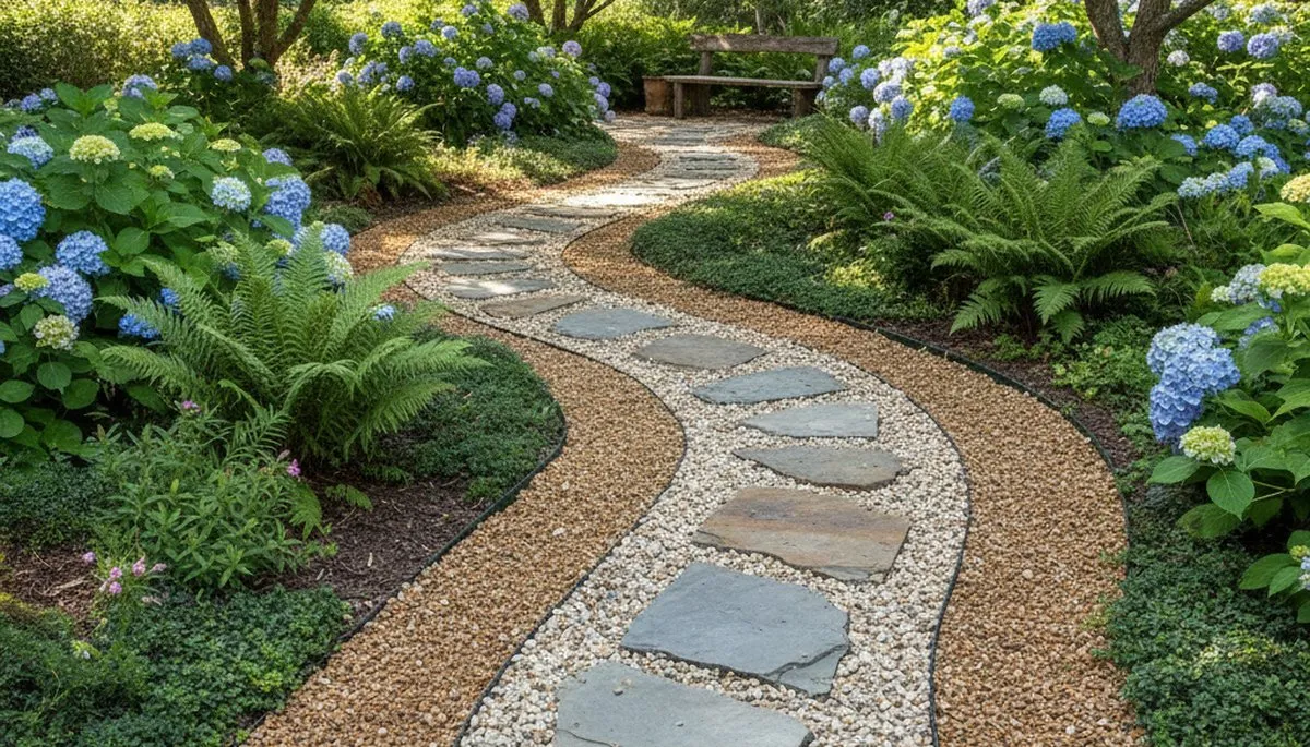 Mixed gravel and stone pathway with pea gravel infill by landscaping pros in Buffalo, NY