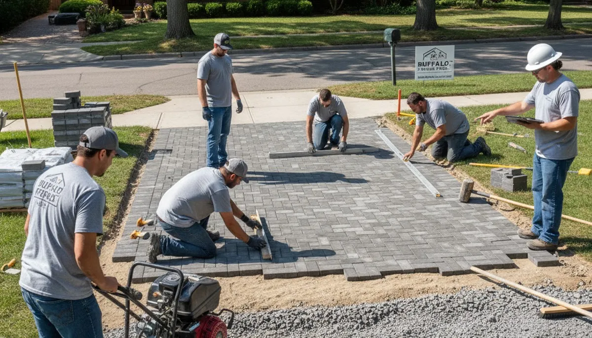 Professional crew installing driveway pavers in Buffalo, NY for Chop Chop Landscaping