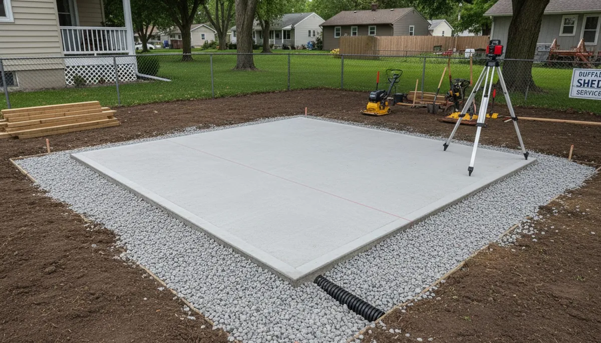 Shed foundation preparation with gravel base by landscaping pros in Buffalo, NY