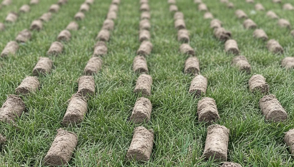 Close-up of lawn aeration soil core plugs showing aeration depth and soil health in Buffalo, NY lawn care