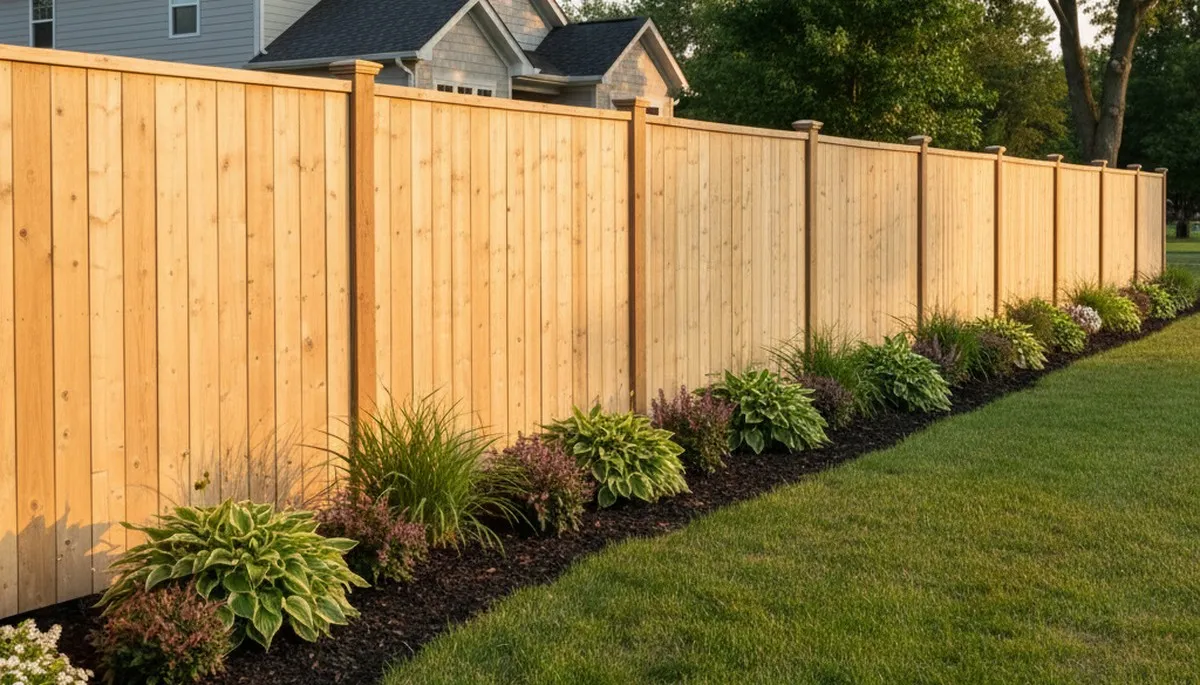 White wooden privacy fence installation by Chop Chop Landscaping in Buffalo, NY showcasing expert craftsmanship